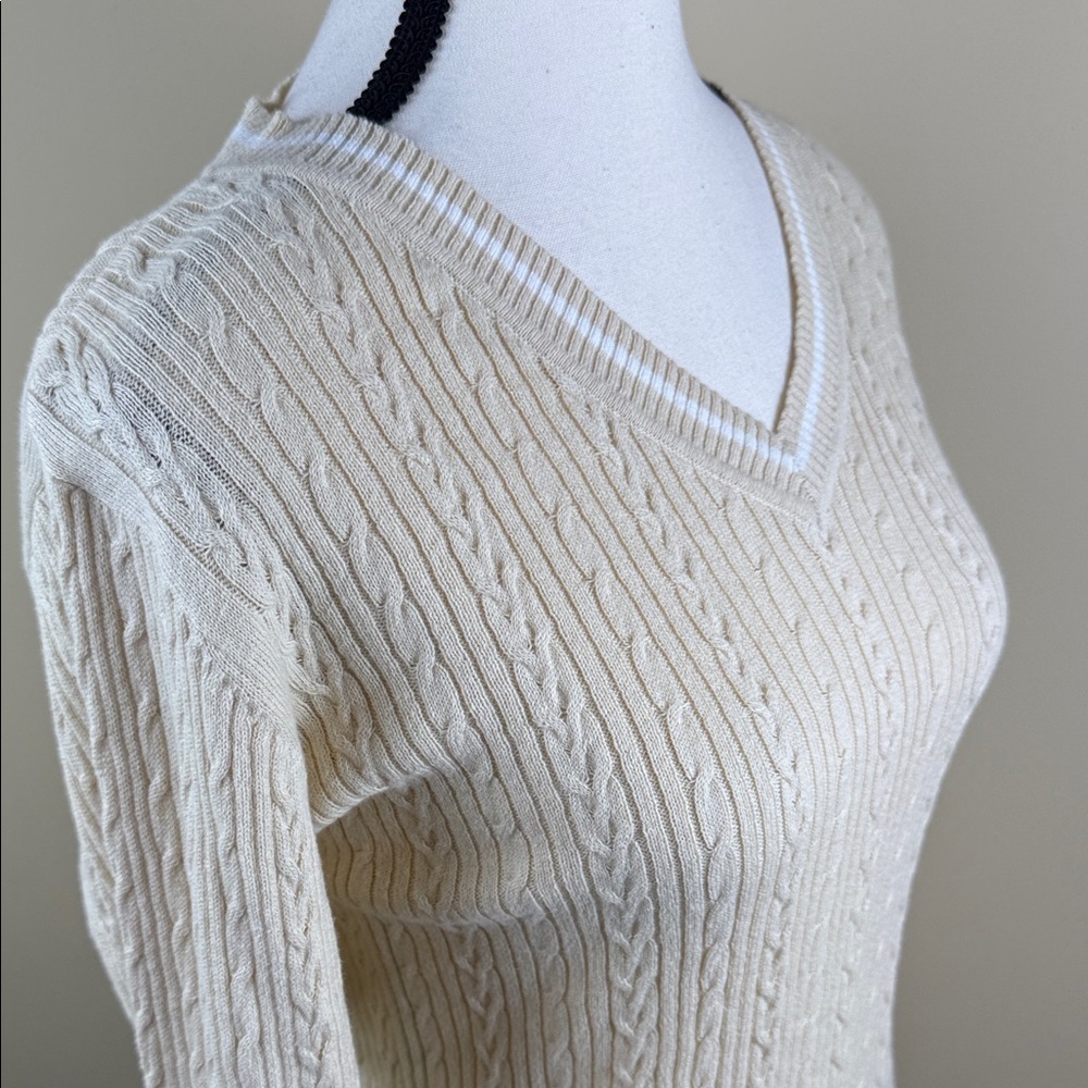 George Classics Sweater Cable Knit V-Neck Cream Long Sleeved Women's Size M - Picture 2 of 10